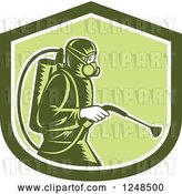 Vector Clip Art of Retro Cartoon Woodcut Pest Control Exterminator Spraying in a Green Shield by Patrimonio
