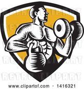 Vector Clip Art of Retro Cartoon Woodcut Strong Male Bodybuilder Working out with a Dummbell and Kettlebell, Emerging from a Black White and Yellow Shield by Patrimonio