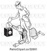 Vector Clip Art of Retro Cartoon Worker Diving Under Another to Punch in First by Picsburg