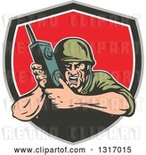 Vector Clip Art of Retro Cartoon World War Two Soldier Holding a Field Radio in a Taupe Green White and Red Shield by Patrimonio