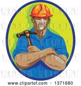 Vector Clip Art of Retro Cartoon Wpa Styled Construction Worker Holding a Hammer in Folded Arms, Within a Blue and Green Oval by Patrimonio