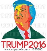 Vector Clip Art of Retro Cartoon WPA Styled Portrait of Republican Presidential Nominee Donald Trump over Text by Patrimonio