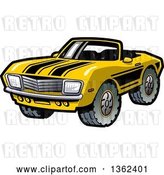 Vector Clip Art of Retro Cartoon Yellow Convertible Muscle Car with Black Racing Stripes and Mud Tires by Clip Art Mascots