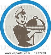 Vector Clip Art of Retro Cartoon Young Male Chef Holding out a Cloche Platter in a Blue and Beige Circle by Patrimonio
