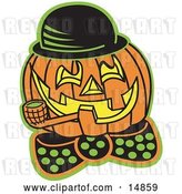 Vector Clip Art of Retro Carved Jack O Lantern Wearing a Hat and Bowtie and Grinning While Smoking a Pipe by Andy Nortnik