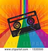Vector Clip Art of Retro Cassette Tape over a Rainbow Curve on Orange Rays by Elaineitalia