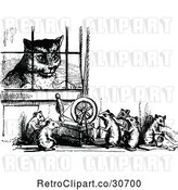 Vector Clip Art of Retro Cat Watching Mice Work a Spindle Through a Window by Prawny Vintage