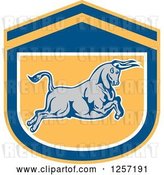 Vector Clip Art of Retro Charging Bull in a Blue White and Yellow Shield by Patrimonio