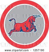Vector Clip Art of Retro Charging Bull in a Red White and Gray Circle by Patrimonio