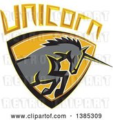 Vector Clip Art of Retro Charging Unicorn in a Shield with Text by Patrimonio