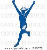 Vector Clip Art of Retro Cheering Female Marathon Runner in Gray and Blue by Patrimonio
