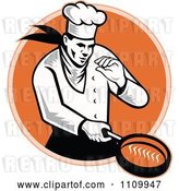 Vector Clip Art of Retro Chef Cooking with a Frying Pan over an Orange Circle by Patrimonio
