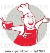 Vector Clip Art of Retro Chef Holding a Bowl of Hot Noodle Soup and Cheering, Welcoming or Dancing in a Gray Circle by Patrimonio