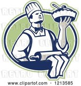 Vector Clip Art of Retro Chef Holding a Pie over a Rolling Pin in a Green Oval by Patrimonio
