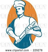 Vector Clip Art of Retro Chef Holding a Rolling Pin over an Orange Oval by Patrimonio