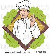 Vector Clip Art of Retro Chef Holding up a Finger over a Leafy Diamond by Patrimonio