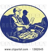 Vector Clip Art of Retro Chef Making Mexican Food in a Blue and Yellow Oval by Patrimonio