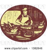 Vector Clip Art of Retro Chef Making Tacos in a Brown and Yellow Oval by Patrimonio