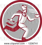 Vector Clip Art of Retro Chef Running with Hot Soup on a Gray and Red Circle by Patrimonio