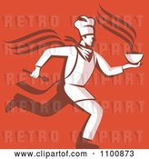 Vector Clip Art of Retro Chef Running with Hot Soup over Orange Red by Patrimonio