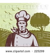 Vector Clip Art of Retro Chef Standing Against Green Farm Land by Patrimonio