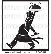 Vector Clip Art of Retro Chef Walking and Holding a Platter Above His Head with Black Borders by Patrimonio