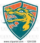 Vector Clip Art of Retro Chinese Dragon Head Emerging from a Teal White and Orange Shield by Patrimonio