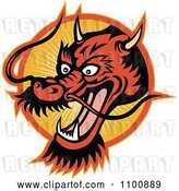 Vector Clip Art of Retro Chinese Dragon Head over an Orange Circle of Rays by Patrimonio