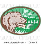 Vector Clip Art of Retro Chocolate Lab Dog by a Lake with Pheasants Flying in a Green Ova by Patrimonio