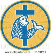 Vector Clip Art of Retro Christian Fish and Cross in a Ray Circle by Patrimonio