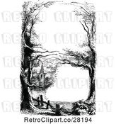 Vector Clip Art of Retro Church Tower and Woodland Border by Prawny Vintage
