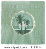 Vector Clip Art of Retro Circular Scene of a Tropical Ocean Sunset with Palm Trees on Distressed Green Wood, with a White Border by Elaineitalia