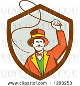 Vector Clip Art of Retro Circus Ringmaster Using a Bull Whip in a Brown White and Gray Shield by Patrimonio