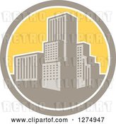 Vector Clip Art of Retro City in a Tan White and Yellow Circle by Patrimonio