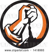 Vector Clip Art of Retro Clenched Fist Pouring Dirt in a Black Orange and White Circle by Patrimonio