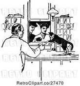 Vector Clip Art of Retro Clerk and Cat Assisting Customers by Prawny Vintage