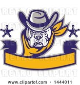 Vector Clip Art of Retro Clipart of a | Cowboy Bulldog Sheriff with Stars over a Blank Banner| Royalty Free Vector Illustration by Patrimonio