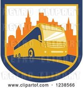 Vector Clip Art of Retro Coach City Bus in a Shield with Skyscrapers by Patrimonio