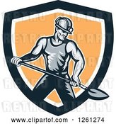 Vector Clip Art of Retro Coal Miner Guy Shoveling in a Black White and Orange Shield by Patrimonio