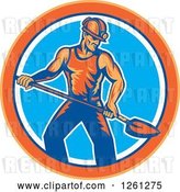 Vector Clip Art of Retro Coal Miner Guy Shoveling in an Orange Blue and White Circle by Patrimonio
