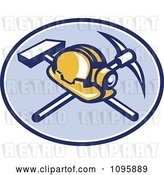 Vector Clip Art of Retro Coal Miner Hard Hat and Head Lamp with a Crossed Pickaxe and Sledge Hamme in a Blue Oval by Patrimonio