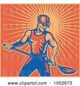 Vector Clip Art of Retro Coal Miner Holding a Shovel, over Orange Rays by Patrimonio