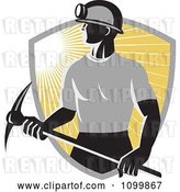 Vector Clip Art of Retro Coal Miner Holding Pick Ax over a Ray Shield by Patrimonio