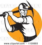 Vector Clip Art of Retro Coal Miner Swinging a Pick Ax over an Orange Circle by Patrimonio