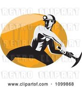 Vector Clip Art of Retro Coal Miner Swinging a Pick Ax over an Oval by Patrimonio