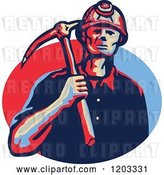 Vector Clip Art of Retro Coal Miner with a Hard Hat and Pick Axe over a Blue and Red Oval by Patrimonio