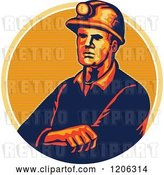 Vector Clip Art of Retro Coal Miner Worker with Folded Arms and a Hard Hat over a Lined Circle by Patrimonio