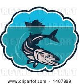 Vector Clip Art of Retro Cobia Fish Swimming Below a Silhouetted Fishing Boat in a Bubble Frame by Patrimonio