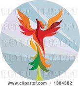 Vector Clip Art of Retro Colorful Flying Phoenix Bird over a Circle by Patrimonio
