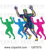 Vector Clip Art of Retro Colorful Marathon Runner and Silhouettes Holding up Hands by Patrimonio